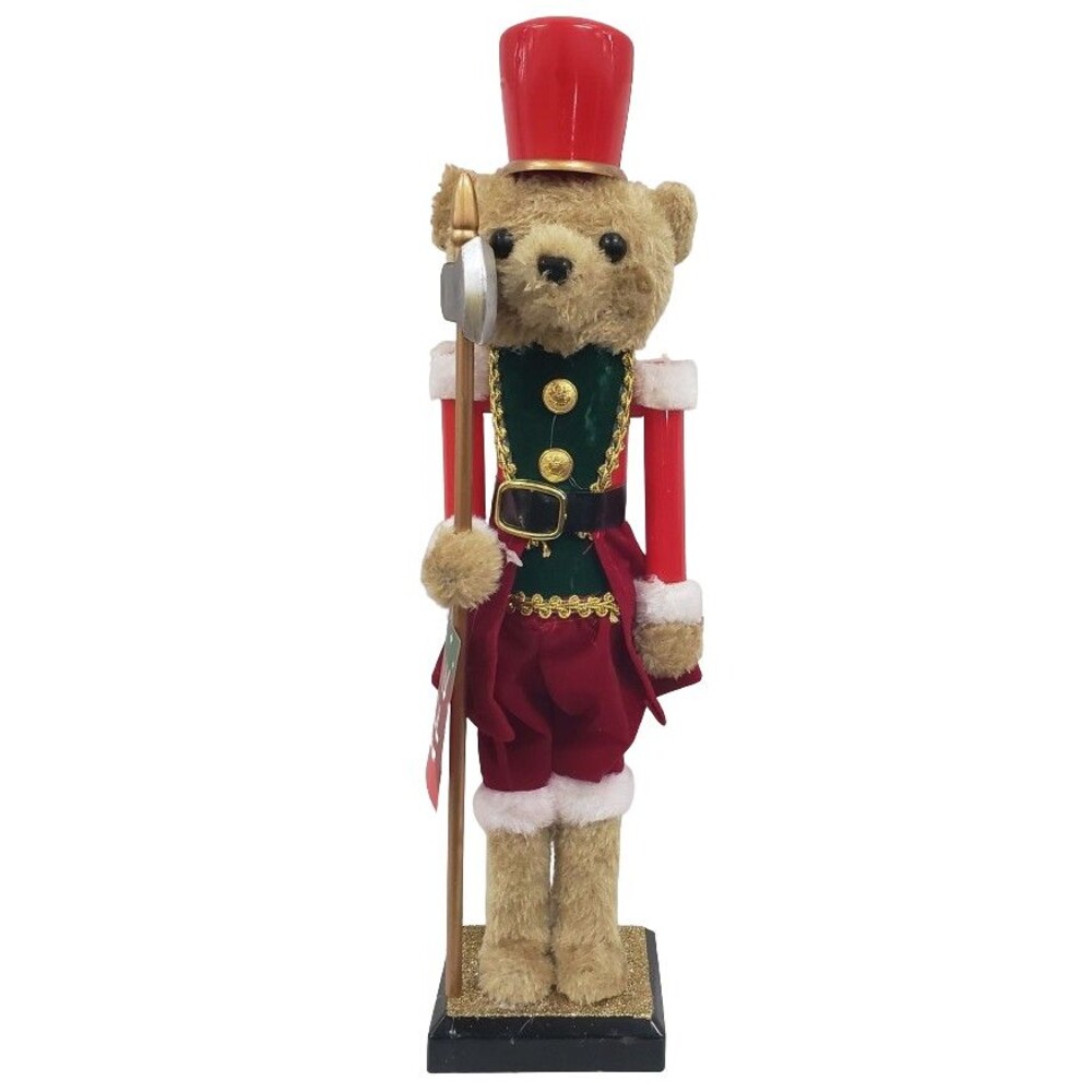 Plastic With Plush Christmas Nutcracker,15"TEDDY BEAR SOLDIER IN UNIFORM W/STAFF